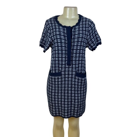 Free Assembly Navy/White Plaid Knit Dress Womens Short Sleeves Sz S - Picture 1 of 8